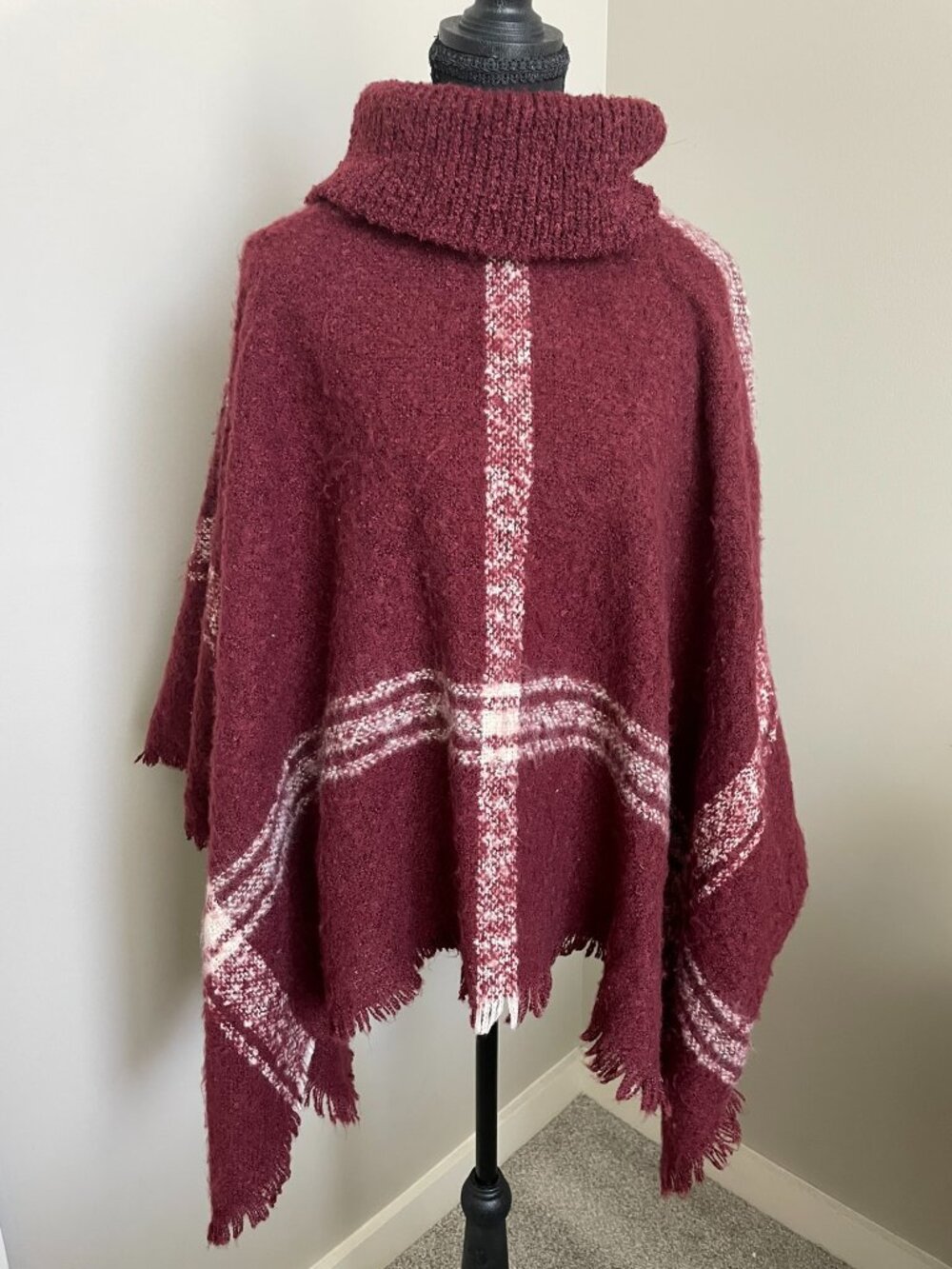 Burgundy Plaid Turtleneck Poncho – Soft & Cozy